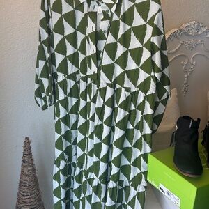 Anthropologie Green and White Geometric Dress